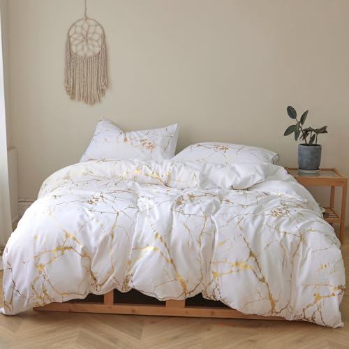 Gezu Bettwäsche 135x200 cm Weiß Gold Marmor Muster Gebürstet Mikrofaser Aesthetic Vintage Weich Atmungsaktiv Wendebettwäsche Luxus Bettbezug 135x200cm und 1 Kissenbezug 80x80 mit Reißverschluss