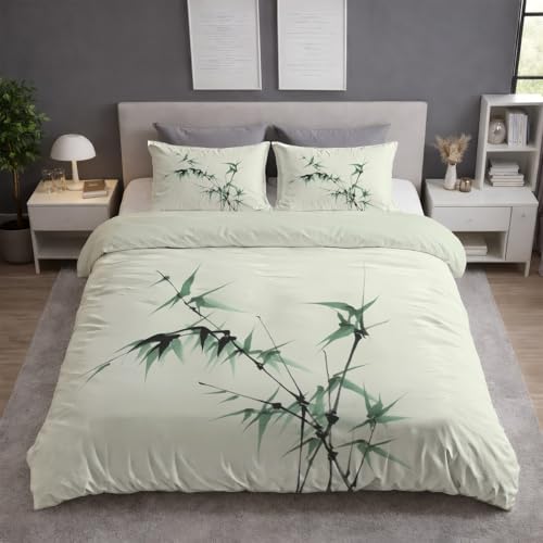 Orientalisch Minimalistisch Pflanzen Bambus 3 - teilig Wende bettwäsche Premium Qualitãt Beige Aus Mikrofase - Deckenbezug(200 x 220) Mit Reißverschluss - Kuschelig Weich & Bügelfrei