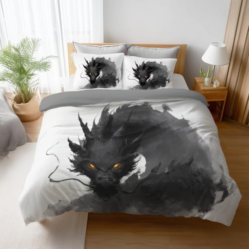 Generisch Bettbezug Set Ultraweich Bettwäsche-Sets Anti-Falten und Pflegeleicht Bettwaren & Bettwäsche 180 x 200 cm 3teilig Mit Kissenbezug Angesagte Muster Schwarz Weiß Orientalisch Tier Drache