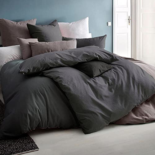 Soifox 135x200 4teilig Anthrazit bettwäsche Sets aus Mikrofaser bügelfrei & knitterfrei - Bettbezug 2er + Kissenbezug 2er , 80x80 mit Reißverschlus