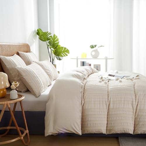 Nayoroom Bettwäsche Getuftet Beige 200x200 Boho Style Gestreifte Bettwäsche Set Weiche Gewaschene Microfaser Shabby Chic Vintage Bettbezug und 2 x Kissenbezug 80x80 cm mit Reißverschluss