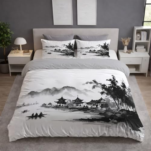 Atmungsaktiv Bettwäsche - Schwarz Weiß Bügelfrei Farbbeständig Bettwäsche Sets - Bettbezug(155 x 220) + Kissenbezüge(50 x 70) - Für Kinder und Erwachsene - Orientalisch Tuschemalerei Boot Atmosphäre