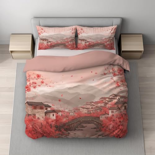 Bettwäsche-Sets Pfirsichrosa 2teilig Bettbezug 135 x 200 cm + 1 Kissenbezug 80 x 80 cm, Illustration Orientalischer Pfirsichblüten Stadt Wendebettwäsche mit Reißverschluss Bügelfrei und Weich