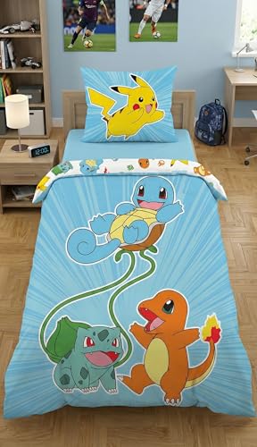 Bettwäsche Pokemon 135x200 + 80x80 · Pokémon Pikachu, Glumanda, Schiggy & Bisasam · KinderBettwäsche Set 2-teilig Bettbezug + Kissenbezug · Deutsche Größe · Microfaser