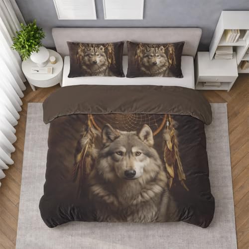 Generisch Bettwäsche Set 180 x 200 cm Braun, Foto Grauwolf Wild Mikrofaser Bettbezug mit Reißverschluss, Deckenbezug + Kissenbezüge, weich & atmungsaktiv, pflegeleicht, für Jugendliche und Erwachsene