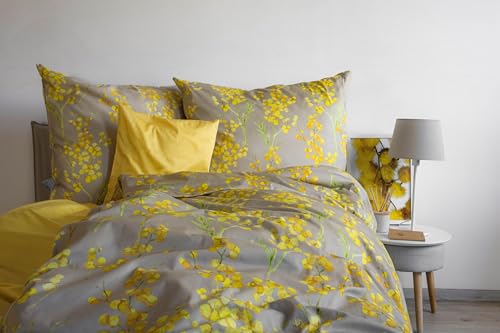 fleuresse Mako-Satin Bettwäsche 135x200 Mimose Blüten hellblau gelb 114411-2