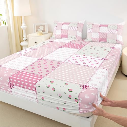 Pink Plaid Spannbettlaken M Größe,Cartoon Love Cherry Print Bettwäsche Set,Bogen Blumenmuster Bettlaken Kinder Mädchen Frau Dekor,süße niedliche Mädchen Tiefe Tasche Blatt,1 Kissenbezug