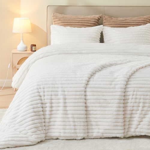 EMME Gestreifte Plüsch Bettwäsche 135x200 - Winterbettwäsge aus Kaninchenfell-Imitat mit Elegantem Streifen-Design, Ultra Weicher Bettbezug mit Reißverschluss und 1 Kissenbezug 80x80 cm, Weiß