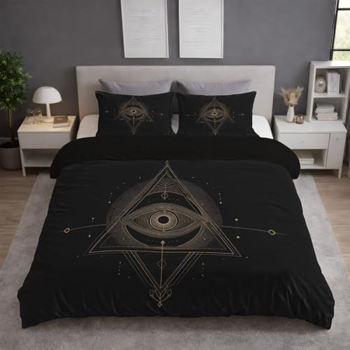 Minimalistisch Dreieck Auge Elegant 3-teilig Wende bettwäsche Premium Qualitãt Schwarz Aus Mikrofase - Deckenbezug(200 x 200) Mit Reißverschluss - Kuschelig Weich & Bügelfrei
