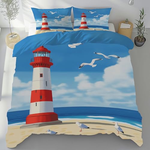 Tyafsgvqo Leuchtturm Bettwäsche Set 200x200 cm, Ozean Maritim Nautische Bettbezug Mikrofaser 3 Teilig, Meer Möwe Strand Bettwäsche Bügelfrei & Weich, Wendebettwäsche mit 2 Kissenbezug 80x80 cm
