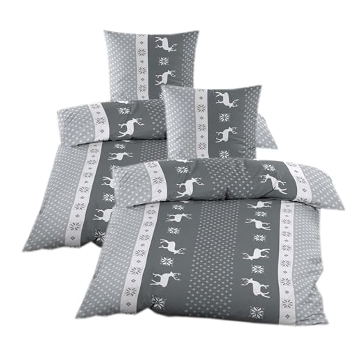Biber Bettwäsche 135x200 cm | 4tlg. | Winter Garnitur | Baumwolle | mit Reißverschluss | Anthrazit Grau Rentiere Weihnachten