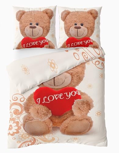 Leonado Vicenti Fleece Bettwäsche Set Deckenbezug 80x80 cm Kissenbezug Teddybär Warm Beige Braun Rot Herz Winterbettwäsche 135x200 cm, 2 teilig