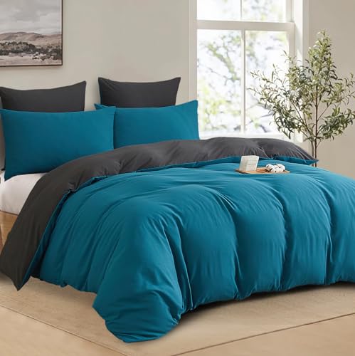 Boqingzhu Baumwolle Bettwäsche 135x200cm Türkis Petrol Blau Grau Einzelbett Weich Renforce Wende Baumwollbettwäsche Bettbezug 135x200cm und 1 Kissenbezug 80x80cm mit Reißverschluss