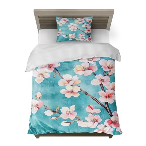 HommomH Türkis Kirschblüten Frisch Bettwäsche Set:1 Duvet 135x200cm + 1 Kissenbezug 80x80cm - 100% Polyester,Frische Kombination aus türkisem Hintergrund und Kirschblüten