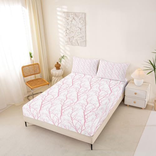 Manfei Pink Tree Zweige Einbaublech L Größe,Natur Dschungelbaum Bettwäsche Sets Kinder Mädchen Jungen Zimmer Dekor,Rustikalisches Bauernhaus Bettblatt, 1 Kissenbezug