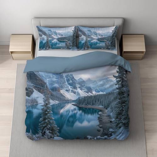 Generisch Foto Bettwäsche 140 x 200 cm - Kiefernwald Berge See - Weiche Winterbettwäsche - Atmungsaktiv, Warm & Hautfreundlich - Königsblau Bettbezug mit Reißverschluss & 1 Kissenbezug 80 x 80 cm