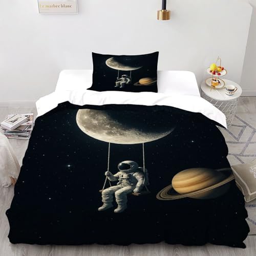 DICVXST 3D Gedruckt Astronaut Mondschaukel Bettwäsche Set Junge Mädchen Band Bettwäsche 2er Set Mikrofaser Kissenbezüge Mit Reißverschluss Single?135x200cm?