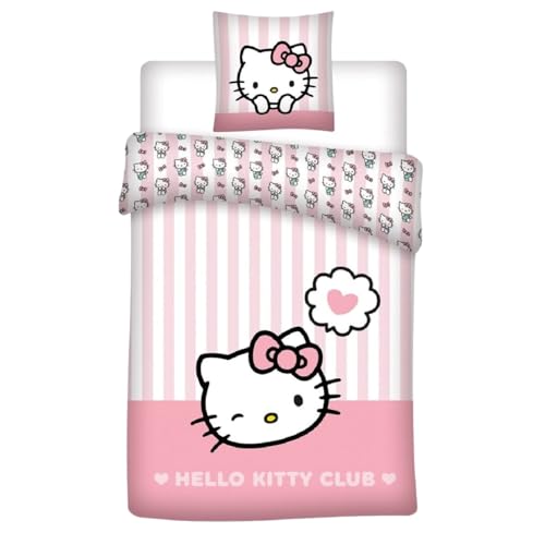 KK SHOPPING Versandhandel Klaus Kolodzie Hello Kitty Club Wende Bettwäsche Set, Kopfkissenbezug 80 x 80 cm mit Wende-Motiv, Bettbezug 135 x 200 cm, Mit Reißverschluss, 100% Baumwolle/Renforcé