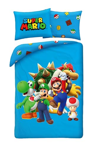 Bettwäsche Blau Super Mario 135x200 cm + 80x80 cm - mit Mario, Luigi, Toad, Peach, Wario & Yoshi - Bettbezug und Kissenbezug - Deutsche Größe