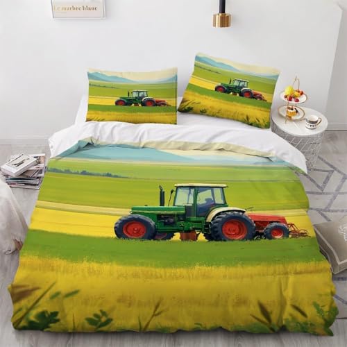 Traktor Bettwäsche 155x220 Weizenfeld Bettbezug 3D Weiche Mikrofaser 3 Teilig Bettwäsche-Sets mit Reißverschluss und 2 Kissenbezüge 80x80 cm I.1042