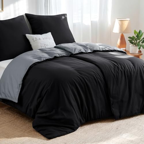 Aisbo Bettwäsche 135x200 4teilig Schwarz Grau - Oeko-TEX Wendebettwäsche 135x200cm 4tlg mit Reißverschluss, zweifarbige Bettbezüge 2er Set aus weich Mikrofaser mit Kissenbezüge