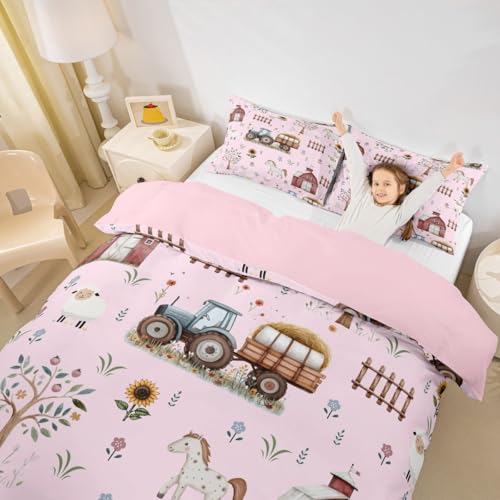 Homewish Bauernhof Tiere Bettwäsche 135x200cm Cartoon Traktor bettbezug Set,Rustikale Scheune Tür Bettwäscheset Bauernhof Pferd Schaf Kuh Cartoon Tiere Sonnenblumen Blumen bettset weich Rosa