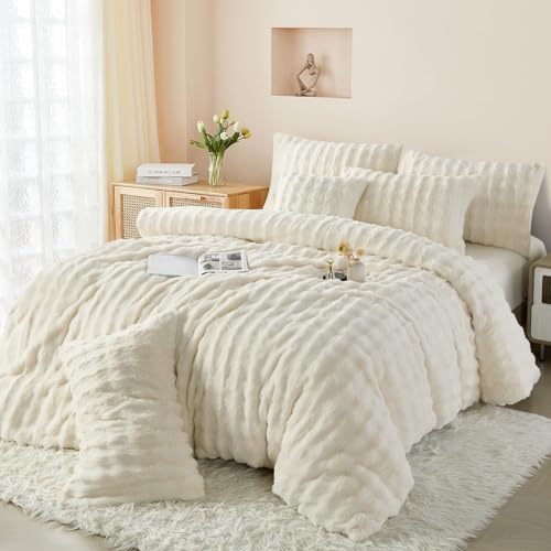 Boqingzhu Plüsch Bettwäsche 135x200cm Creme Beige Weiß Uni Einfarbig Kuschelig Flauschig Warm Winter Flanell Fleece Wende Bettwäsche Set Kaninchen Kunstfell Bettbezug und Kissenbezug 80x80cm