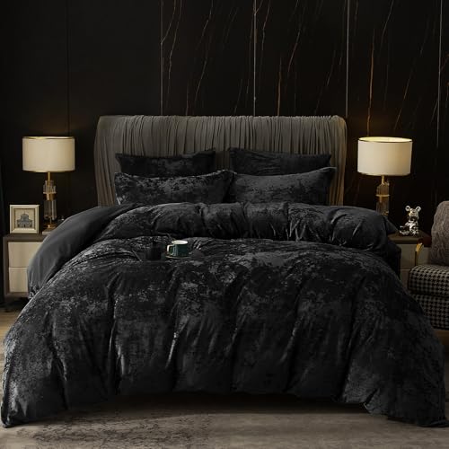 PHF Samt Bettwäsche 135x200, Luxus Flauschig Bettwäsche 135x200 cm mit 2er Kissenbezüge 80x80 cm, Kuschel Velvet Bettbezüge, Schwarz