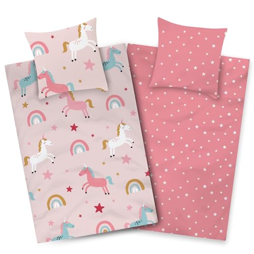 Aminata kids Bettwäsche Kinder 135x200 Mädchen Einhorn Motiv aus Baumwolle mit Reißverschluss Kinder-Bettwäsche-Set Jugendliche Teenager Einhornbettwäsche rosa Regenbogen