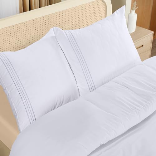 Utopia Bedding Bettwäsche 200x200 Set - Mikrofaser Bettbezug 200x200 cm + 2 Bestickte Kissenbezüge 80x80 cm - Weiß
