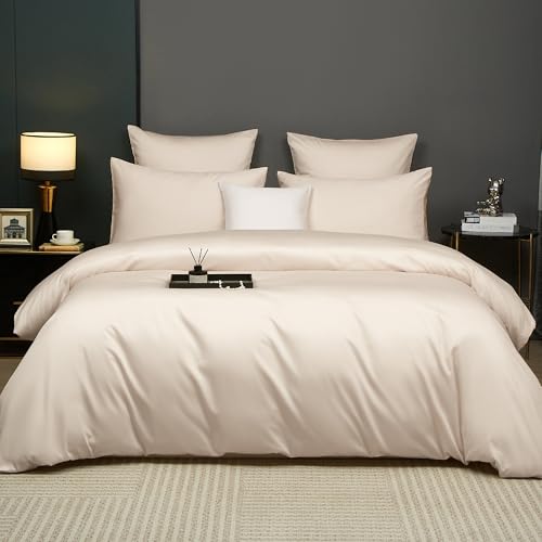 DXHOME Baumwolle Bettwäsche 135x200 Mako Satin Beige Khaki Creme Baumwolle Lyocell Seide Einfarbig 300TC Öko-Tex 100 Bettwäsche 2 Teilig für Einzelbett mit Reißverschluss und 80x80 cm Kissenbezug
