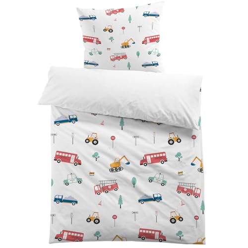 MUSOLEI Kinderbettwäsche 135x200 Autos Bettwäsche Kinder Jungen 3D-Druck Mikrofaser Fahrzeug Bagger Polizei Feuerwehr Bettbezug 135x200 und 1 Kissenbezug 80x80 Bettwäsche-Set für Einzelbett, Autos03