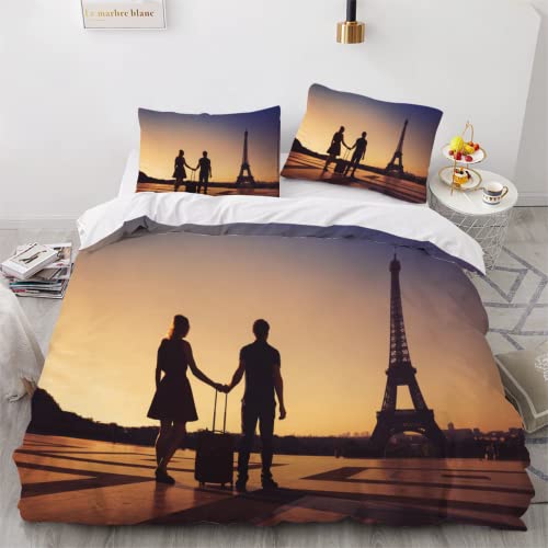 ELARCO Bettwäsche 200x200 3D Effekt Eiffelturm hypoallergen Bettbezüge Twilight-Liebhaber Bettwäsche Sets mit Reißverschluss 2 ZierKissenbezug 80x80 für Kinder Teenager Jungen Mädchen Erwachsene