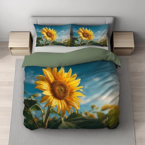 Generisch Bettwäsche-Sets Klassisches Gelb 3teilig Bettbezug 155 x 220 cm + 2 Kissenbezüge 80 x 80 cm, Foto Sonnenblumen Blauer Himmel Wendebettwäsche mit Reißverschluss Bügelfrei und Weich