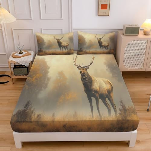 Spannbettlaken 90x200cm, Tiere Muster Mit Landschaft Hirsche Mikrofaser Spannbettlaken für Boxspringbetten, Atmungsaktiv Bettwäsche Tiefe Tasche 30 cm Spannbetttuch