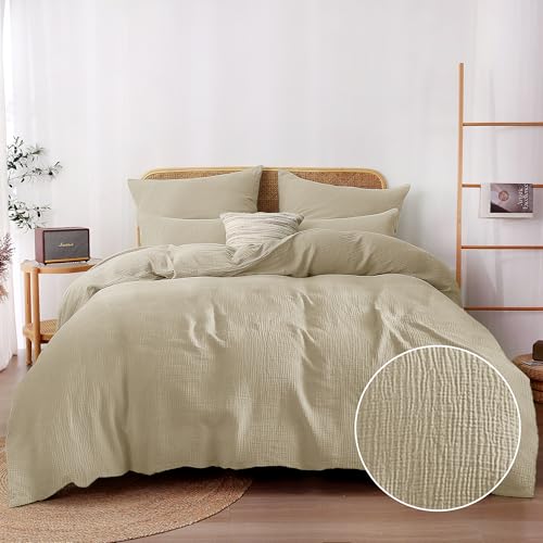 TOCOMOA Doppelte Musselin Bettwäsche 135x200 Baumwolle 6teilig, Beige Leinenartiger 2 Bettwäsche-Sets mit 2 Kissenbezug 80x80 cm und 2 Kissenbezüge 40x80 cm, Oeko-TEX Bettbezug mit Reißverschluss