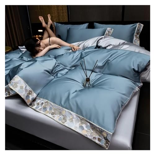 LEXONLY Einfarbiger Bettbezug aus 1000TC ägyptischer Baumwolle, schicke Stickerei, Blau, 4-teilig, Queen-King-Familie-Bettw sche-Set, Bettlaken, Kissenbezug Bettwäscheset