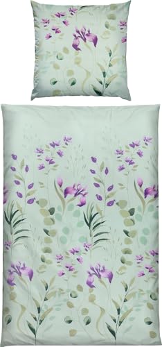 Erwin Müller Mako-Satin Bettwäsche Blumen und Blätter Jade Größe 80x80 cm / 135x200 cm - mit Digitaldruck, seidig weiche Qualität, temperaturausgleichend, mit Reißverschluss