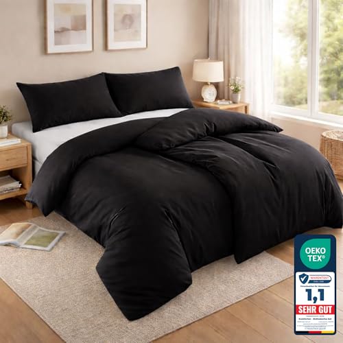 Komfortec Bettwäsche 135x200 4teilig Bettwäsche-Sets 2 Bettbezüge 135x200 cm + 2 Kissenbezüge 40x80 cm, Schwarz mit Reißverschluss