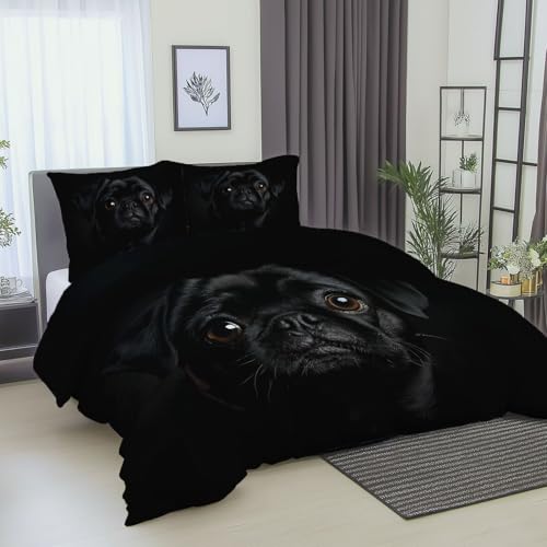 Bettbezug bettwäsche wendbar Tierporträt eines Mops Sets,100% mikrofaser atmungsaktiv Schwarz 3 teilig Sets,für Kinder Erwachsene Jugendliche 200 x 220 cm mit reißverschluss