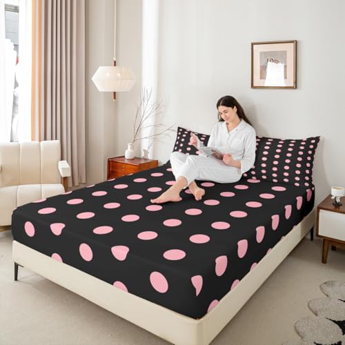 Schwarze rosa Polka Dots Fitted Blatt M Größe 2 Stück, Mädchen rosa Kreise Dekorative Bettwäsche für Kinder, Moderne einfache Punkte Tiefe Tasche, 1 Kissenbezug (kein Flachblatt)