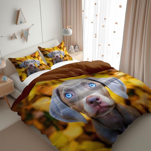 Bettwäsche 200 x 220 cm Tier Silberner Weimaraner Welpe HD Foto Bettbezug, Braun wendebettwäsche mit Reißverschluss - Weiche Fein Mikrofaser Bettwäsche Set - 3 Teilig Bettbezüge mit 2 Kissenbezüge
