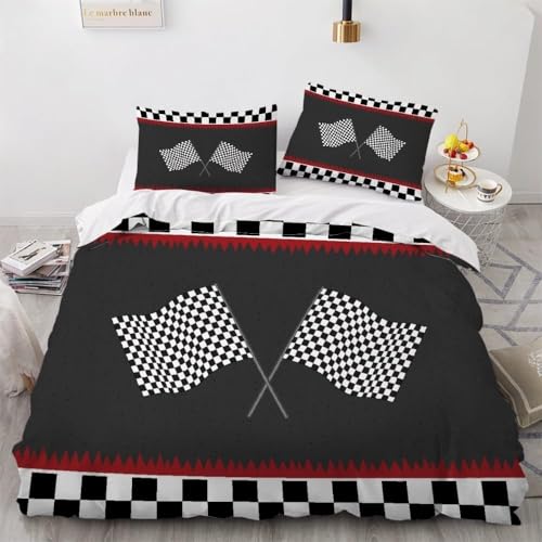 Ypthriline Bettwäsche 135x200 Rennflagge Bettwäsche Set Schwarz-weiß Kariert Bettbezug 3 Teilig mit Reißverschluss, Super Weich, Premium Mikrofaser Bettwäsche-Sets mit 2 Kissenbezug 80x80 cm