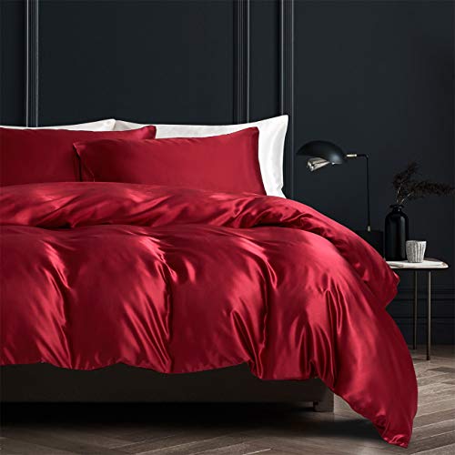 Damier Satin Bettwäsche 135x200cm Rot Weinrot Bettbezug Set 4 Teilig Hochwertiges Satin Deckenbezug mit Reißverschluss und 2 Kissenbezüge 80 × 80 cm