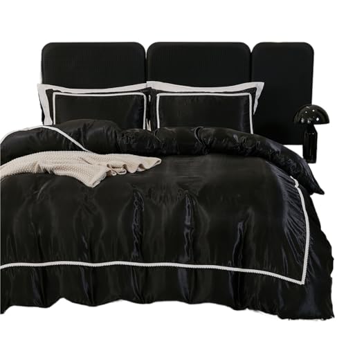 NJIEzhao 3-teiliges Satin-Bettbezug-Set aus Seide, weiß, schwarz und rosa, Bettbezug, seidig, weich for alle Jahreszeiten Seidenbettwäsche Set(Black,200x200cm-UK-Do uble)