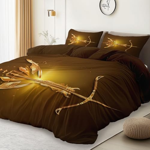 Bettwäsche Fantasie Pfeil Und Bogen Muster Gold Braun,Mit 2 Kissenbezügen 80X80 cm, Mikrofaser Bettbezug 3Er Set Mit Reißverschluss, Bügelfrei Und Weich Cool 155 cm X 220 cm