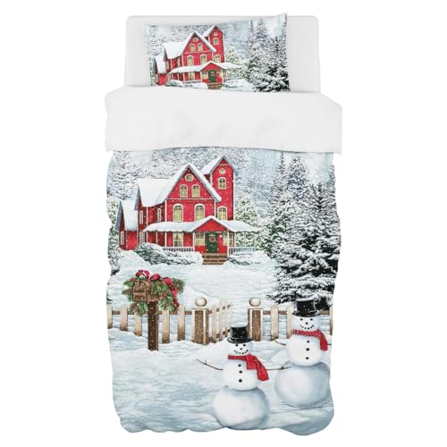 Violetpos Weihnachten Schneemann Bettwäsche 135x200 cm Microfaser mit Reißverschluss 2 teilig Set mit 1 Bettbezug und 1 Kissenbezug 80x80 cm für Einzelbett
