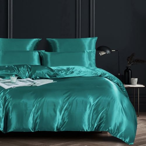 YASMENG Bettbezug, Satin, 220 x 240 cm, Türkis, einfarbig, glänzend, Deluxe, Bettwäsche, weich, seidig, Seide, Bettwäsche für Doppelbett, Erwachsene, mit Reißverschluss und Kissenbezügen, 65 x 65 cm