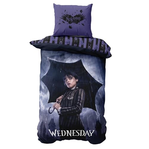 MTOnlinehandel Bettwäsche 135x200, Wednesday Addams Kissenbezug 80x80 + 135x200, für Kinder und Teenager, Microfaser, angenehm & weich, Fanartikel Serie, Merch Geschenk