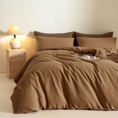 Michorinee Bettwäsche 135x200 Baumwolle Braun Kuschelig Weich Bettbezug Set 2 Teilig Uni Einfarbig Modern Baumwollbettwäsche ÖKO-TEX Bettwäsche-Sets mit 1 Kissenbezüge 80x80 cm und Reißverschluss